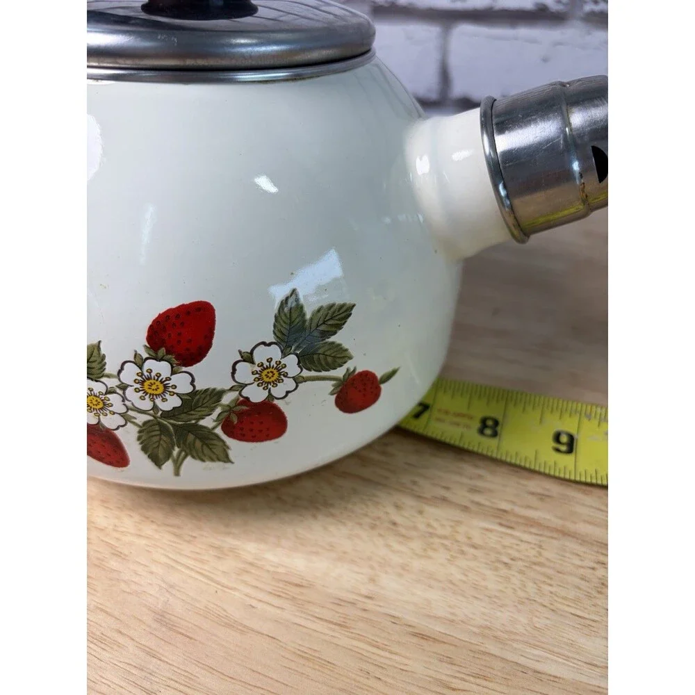 Vintage Strawberry Enamel Whistling Tea Kettle Farmhouse Kitchen Decor